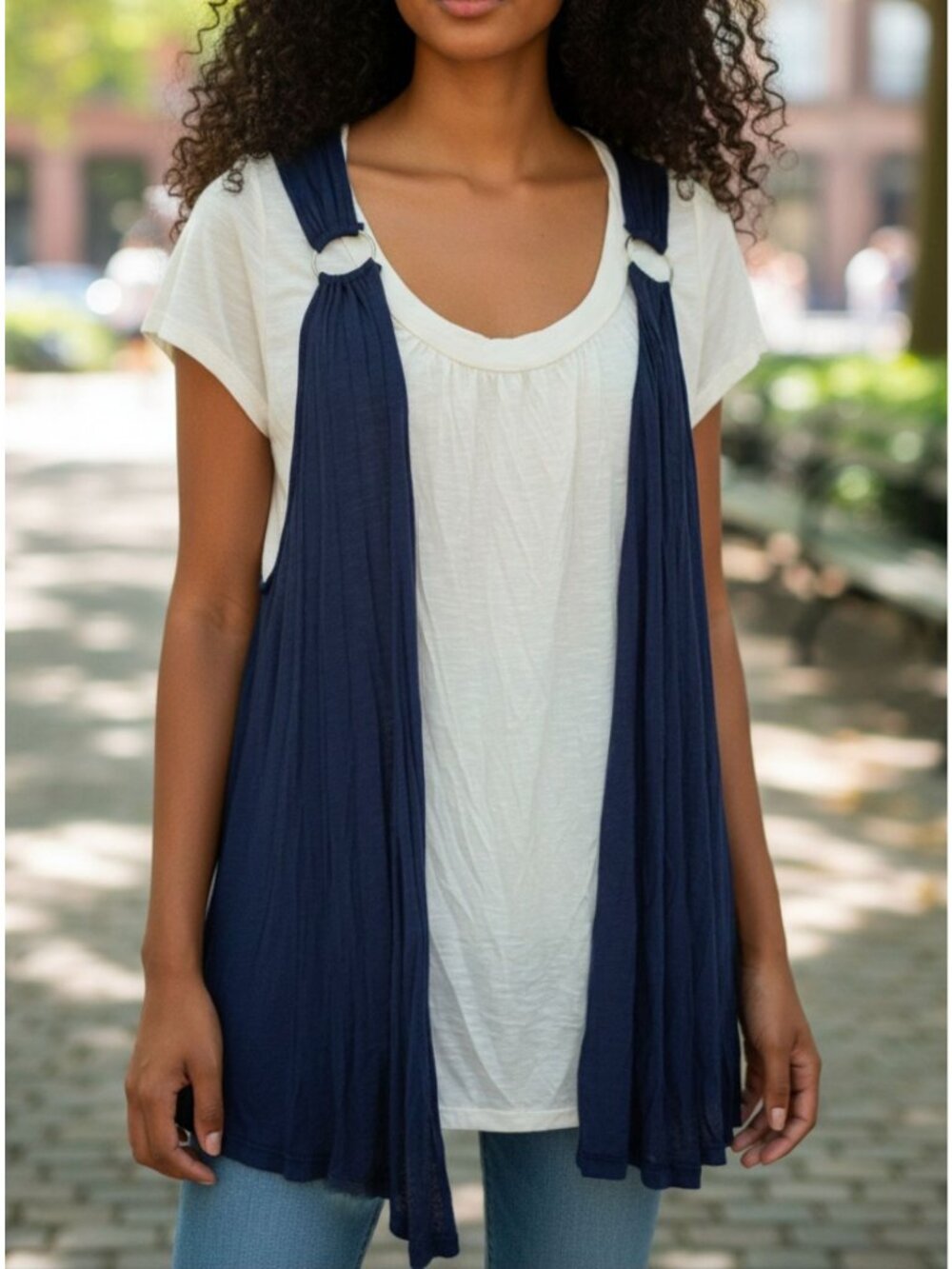Navy Sleeveless Open Drape Vest With Metal Ring Accents Womens Casual Layering P